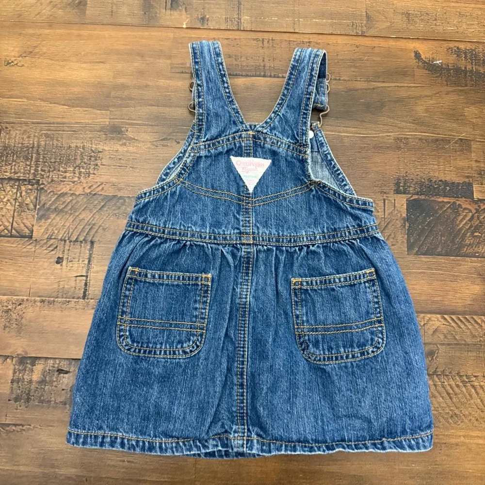 VTG OshKosh Bgosh Girls Denim Overall Jumper Dress Butterfly Sun Embroidered 12M